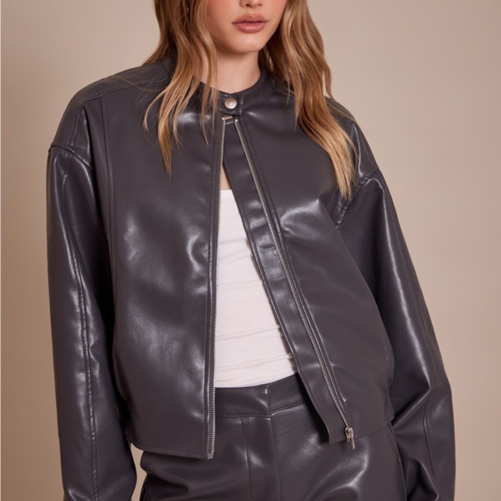 PLT grey leather jacket and shorts set